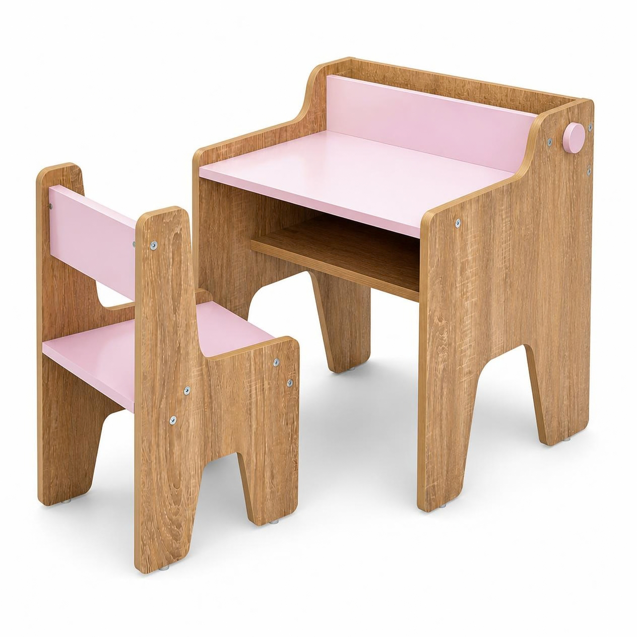 Kids Wooden Study Desk and Chair Set with Side Hooks & Compartments | Pink & Wood Finish - Image 2